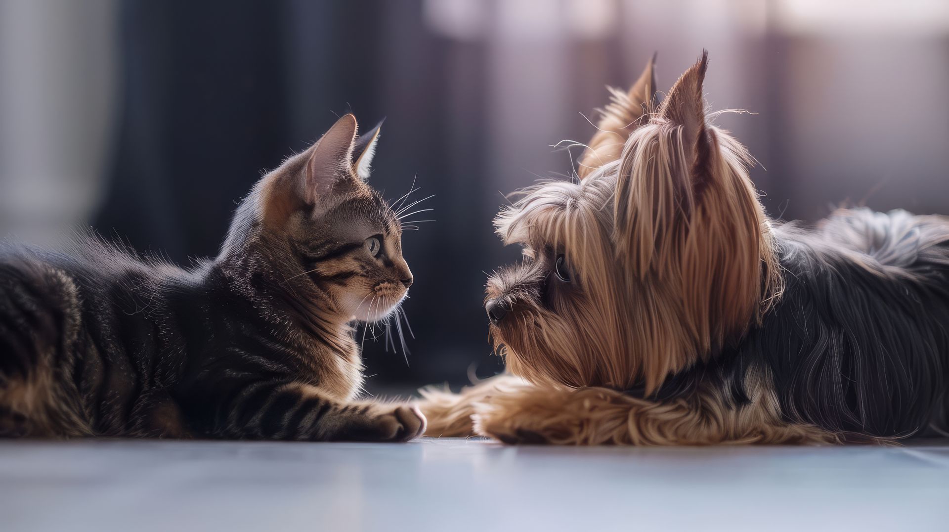 Gato e cachorro juntos em ambiente interno