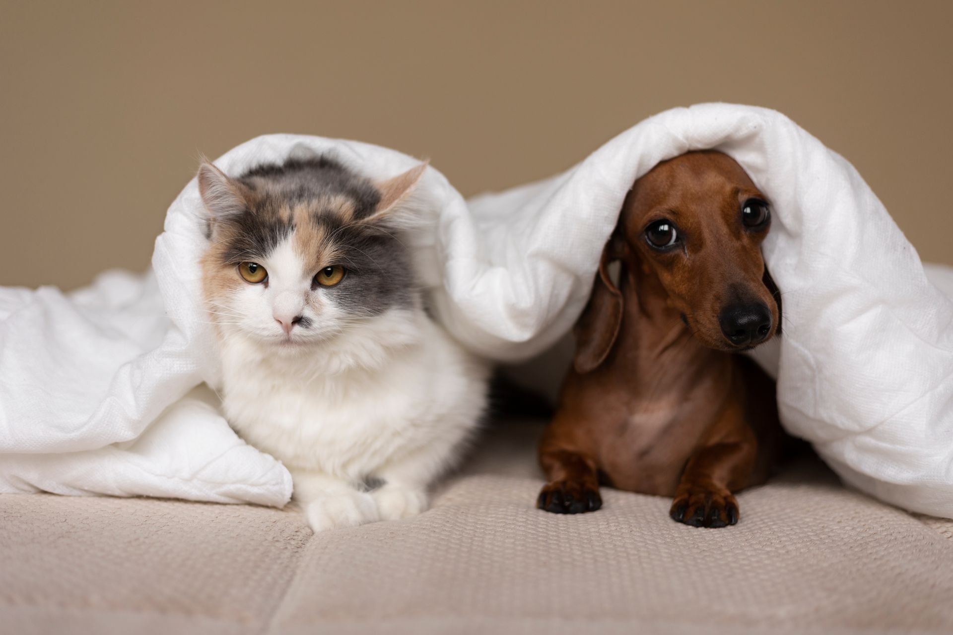 Gato e cachorro juntos sob cobertor