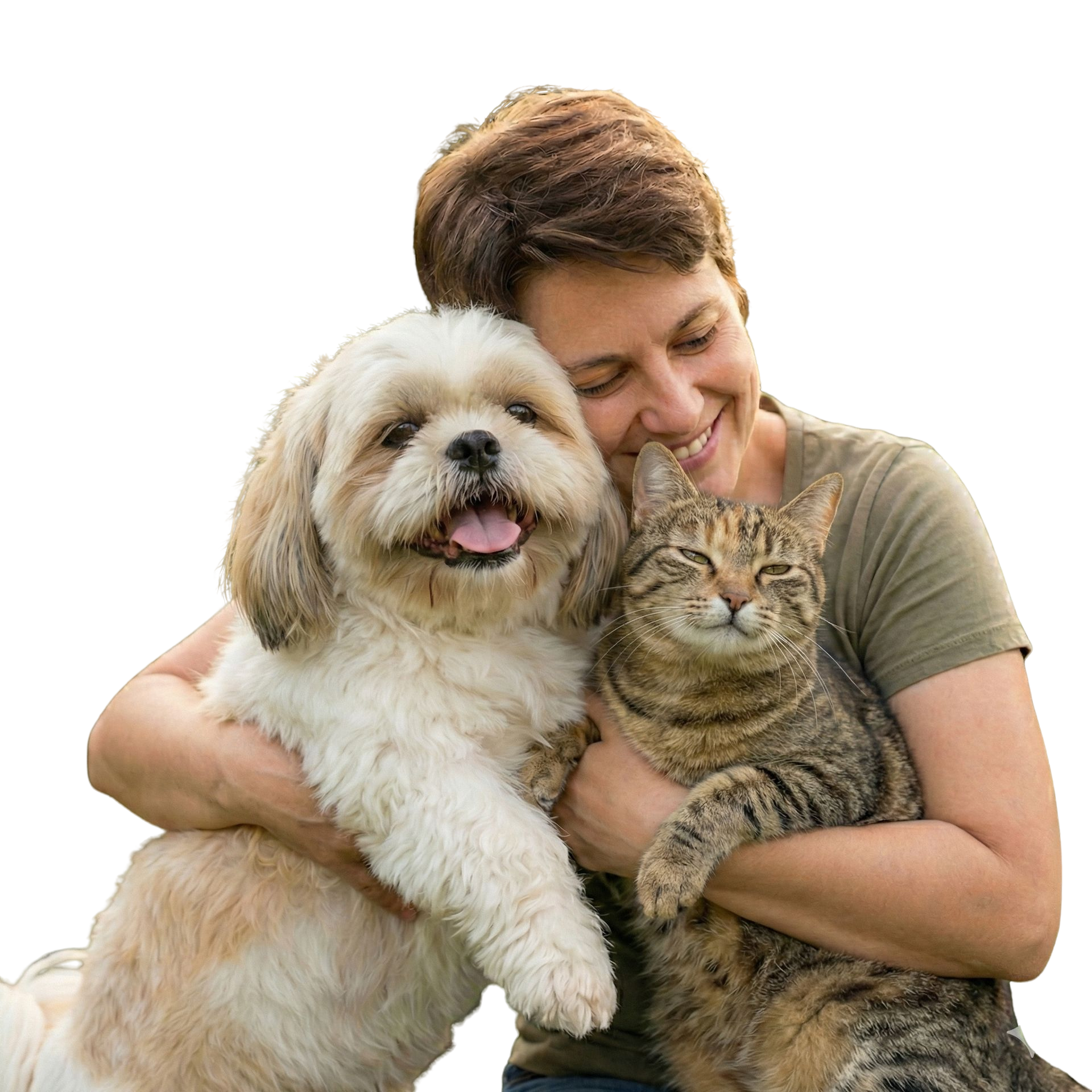 Mulher abraçando cachorro e gato