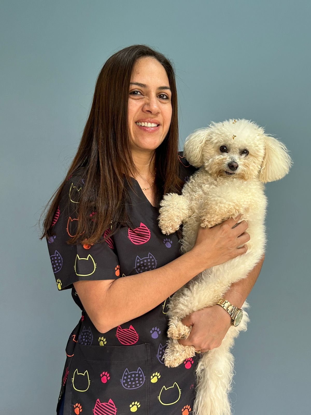 Veterinária segurando um Poodle branco